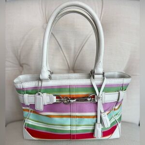 Coach Hampton Multicolor Canvas White Leather Trim Stripes Satchel Tote Bag